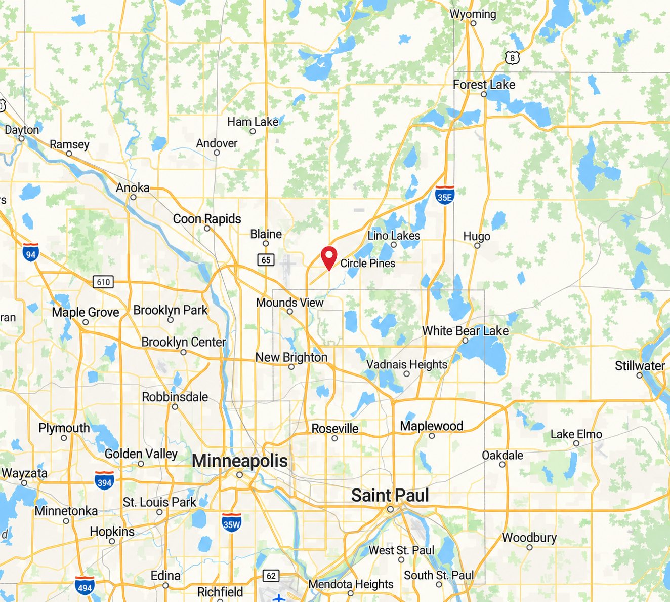 Service-area map with a pin on Circle Pines and the surrounding north metro