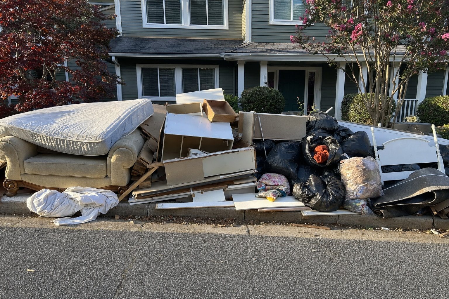Assorted old furniture stacked at the curb