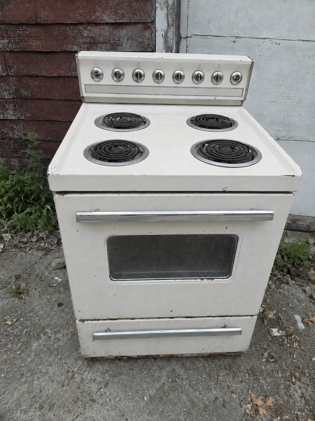 Old white kitchen range set out for pickup